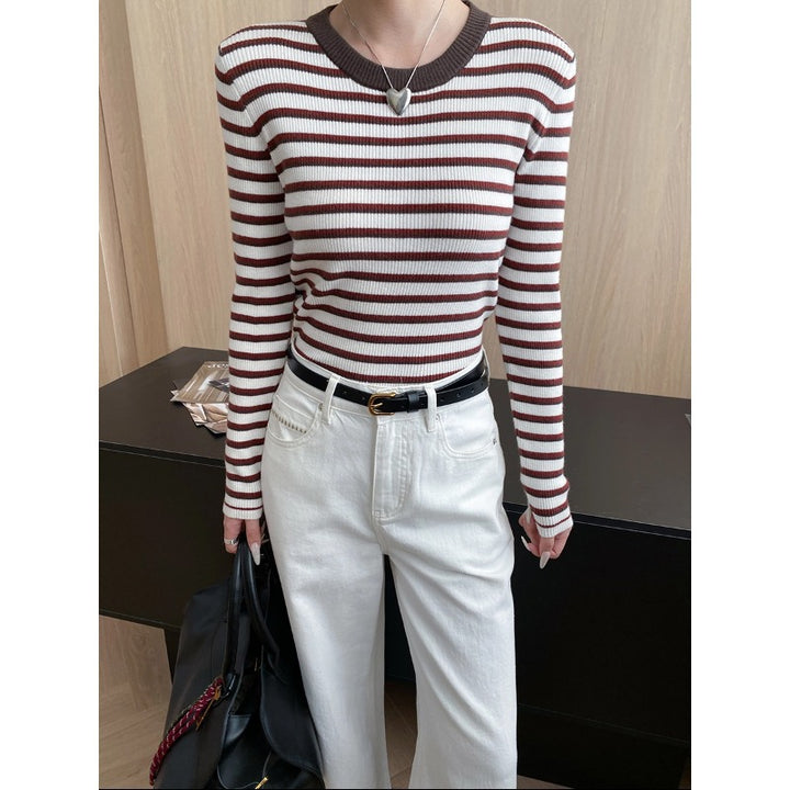 Damen gestreifter Pullover mit breitem Rundhalsausschnitt und feinem Rippstrick Drune