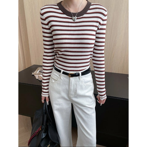 Damen gestreifter Pullover mit breitem Rundhalsausschnitt und feinem Rippstrick Drune