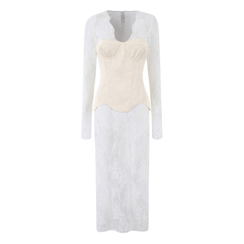 Damen Spitzen‑Maxikleid mit Korsett‑Oberteil und langen Ärmeln Drune