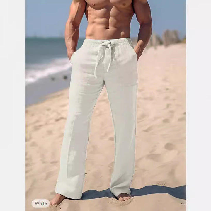 Herren weite Resort-Freizeithose im Palazzo-Stil aus Leinenmix mit Tunnelzug und seitlichen Eingrifftaschen Drune