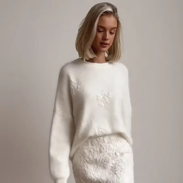 Damen modischer Pullover mit strukturierten Blumenapplikationen Drune