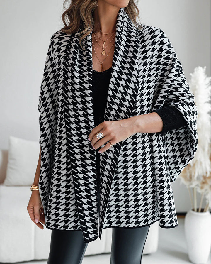Damen Oversized Poncho mit Hahnentritt-Muster und offenem Schalkragen Drune