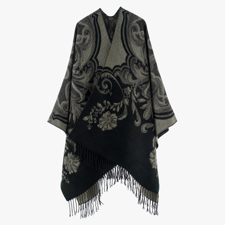 Damen Jacquard‑Poncho‑Überwurf im Barockmuster mit Fransen Drune