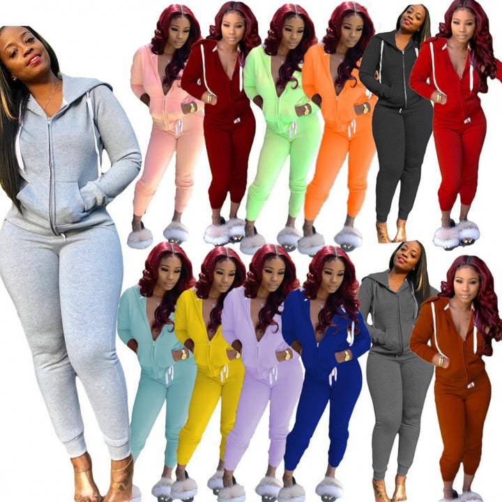 Damen tailliertes Kapuzen‑Sweatdress‑Set mit Reißverschluss und enganliegender Jogginghose Drune