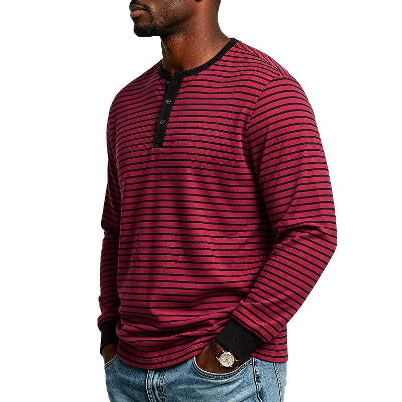 Herren Gestreiftes Langarm-Henleyshirt aus Baumwollmischung mit Knopfleiste Drune