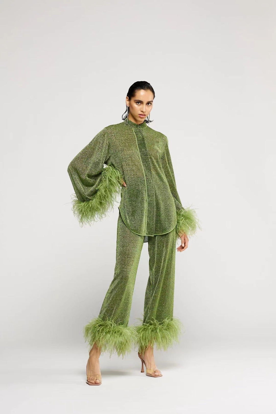 Drune | Herbst Winter Feder Stehkragen Langarmoberteil und Hosen Set