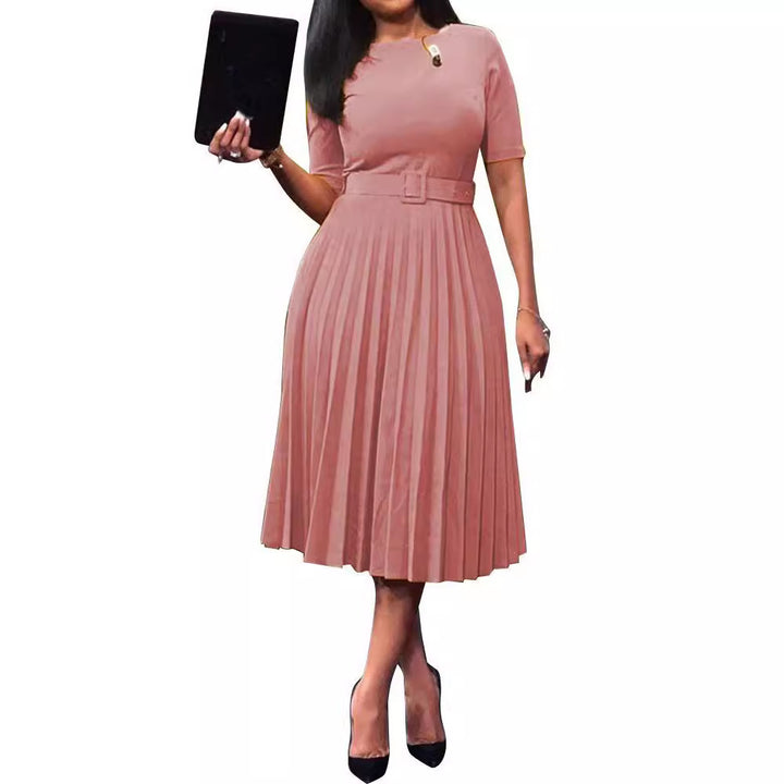 Damen Plissiertes Kleid mit Taillengürtel und kurzen Ärmeln Drune