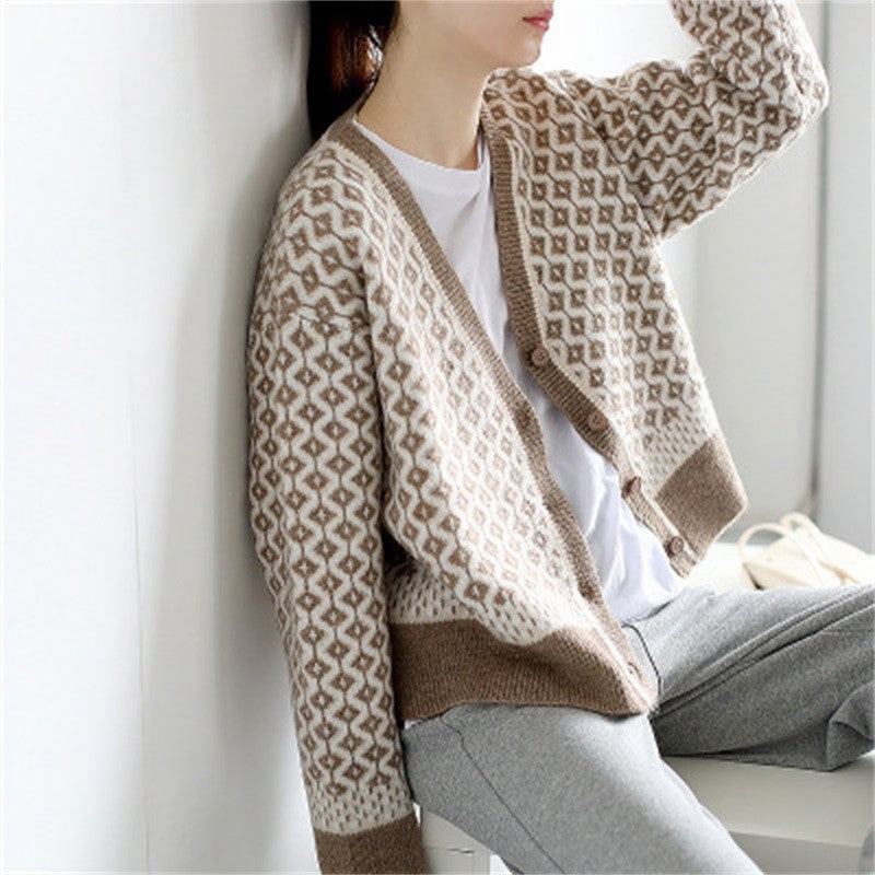 Damen Strickjacke mit geometrischem Design und Knopfverschluss Drune