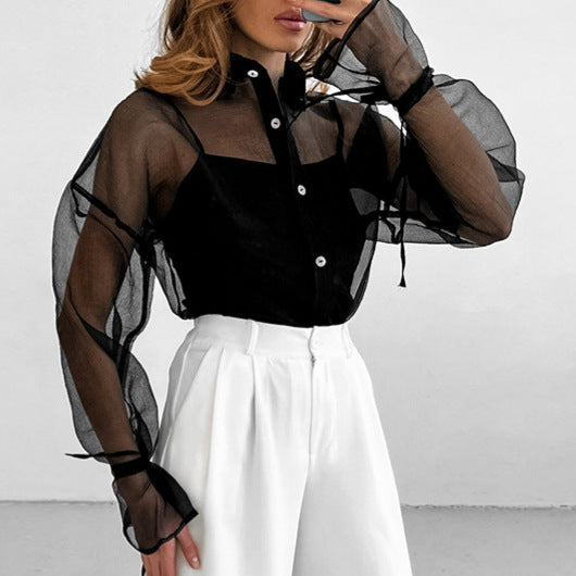 Damen transparente Bluse mit voluminösen Ärmeln und eleganten Bändchen Drune