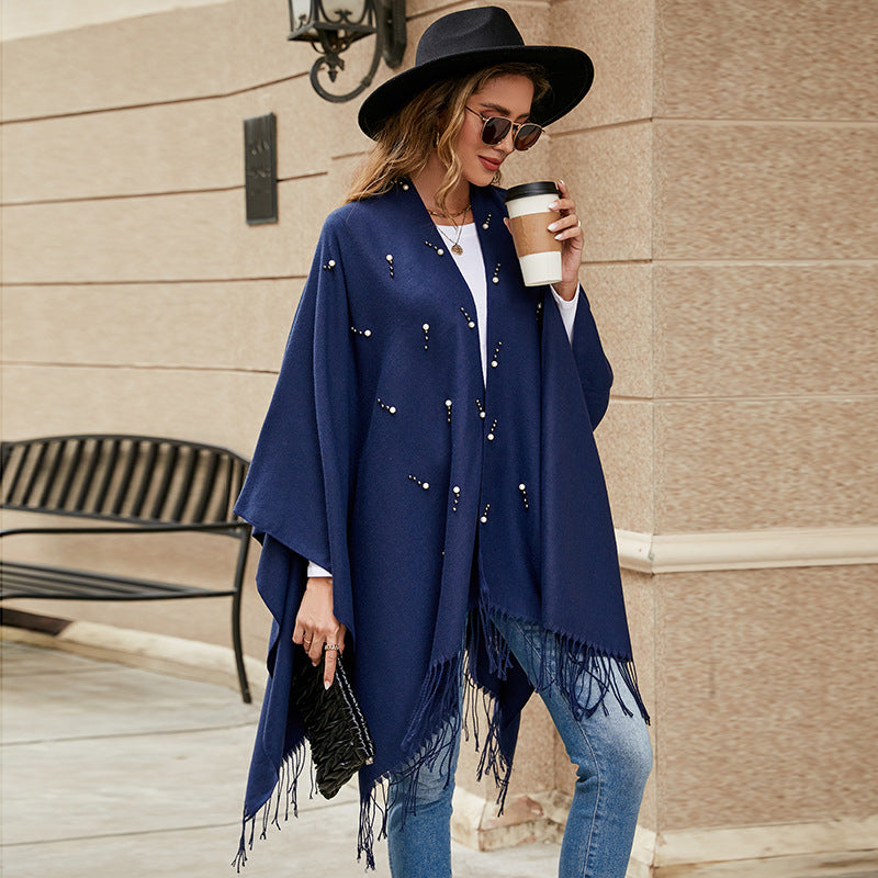 Damen Eleganter bestickter Wollmix-Poncho‑Cape mit Perlenbesatz Drune