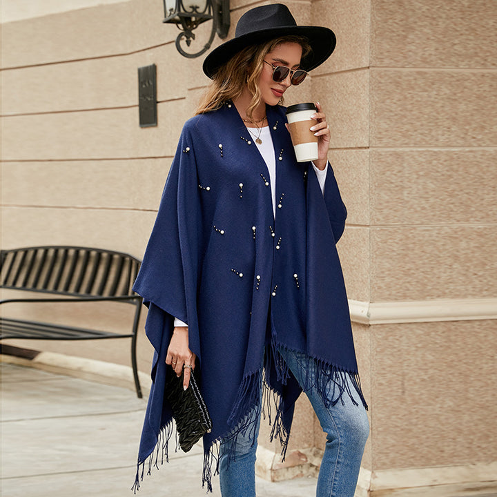 Damen Eleganter bestickter Wollmix-Poncho‑Cape mit Perlenbesatz Drune