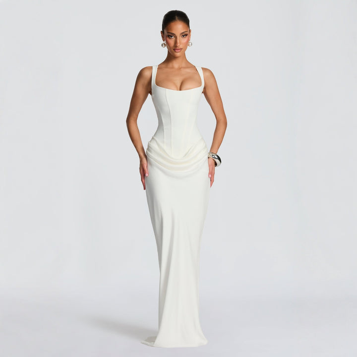 Damen Elegantes Maxikleid mit figurformendem Schnitt und zarten Drapierungen Drune