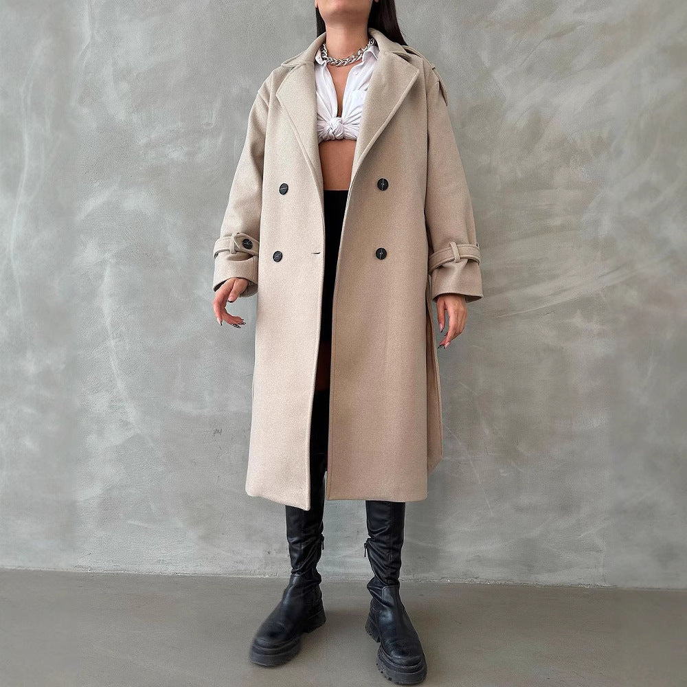 Damen Oversize Wollmix-Mantel mit doppelreihiger Knopfleiste und Taillengürtel Drune