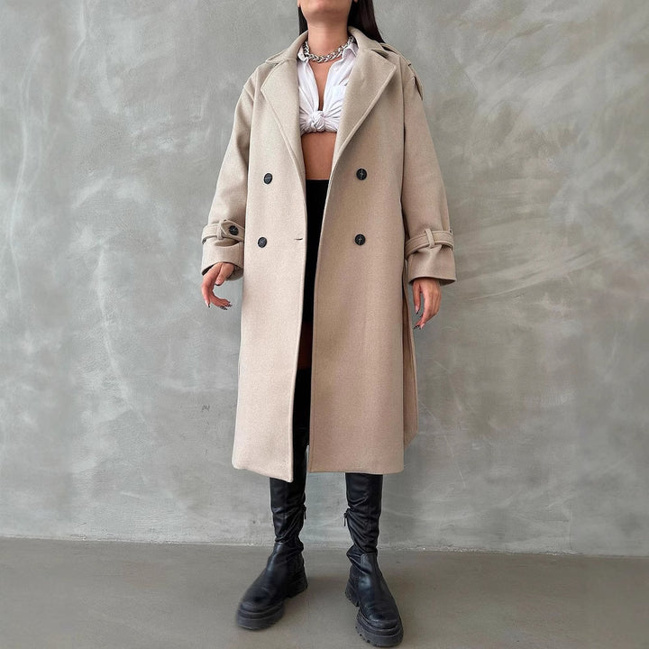 Damen Oversize Wollmix-Mantel mit doppelreihiger Knopfleiste und Taillengürtel Drune