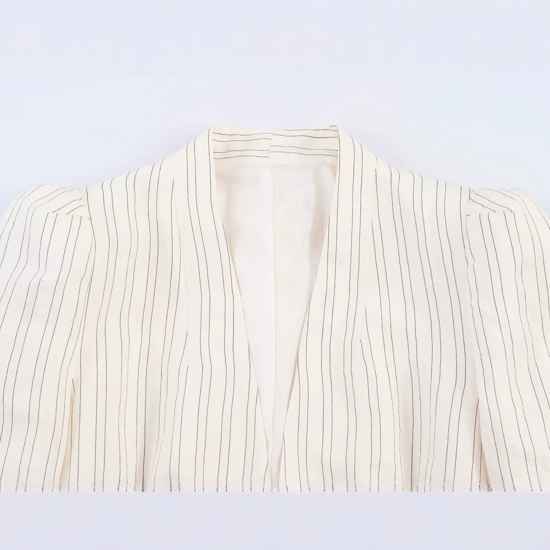 Damen Taillierter Peplum-Blazer mit tiefem V-Ausschnitt und Nadelstreifen Drune