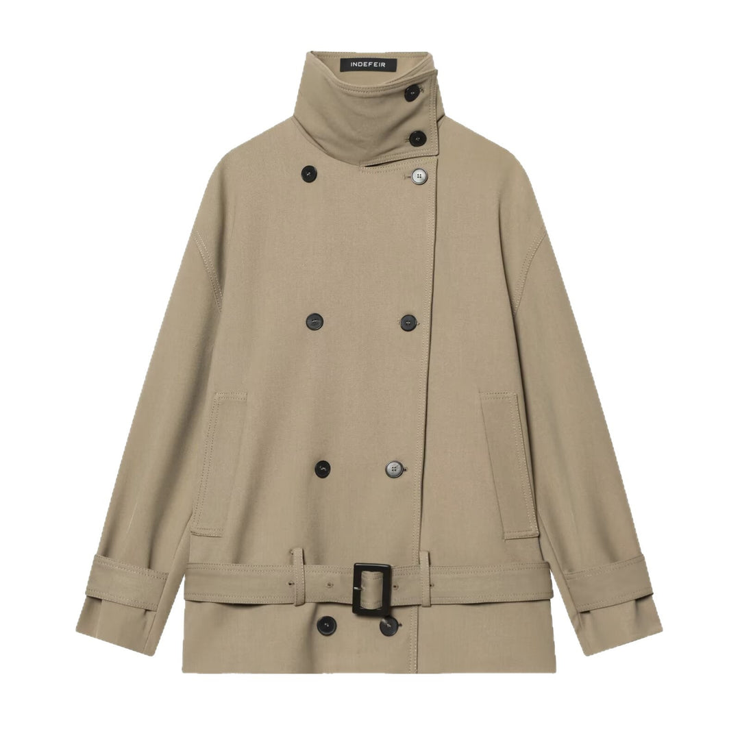 Damen Kurz-Trenchcoat mit doppelreihiger Knopfleiste, Taillengürtel und hohem Stehkragen Drune