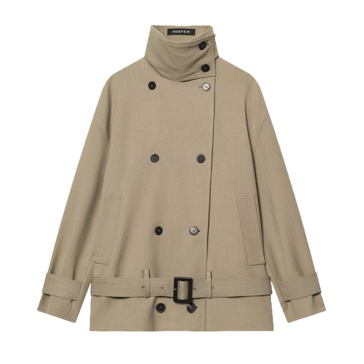 Damen Kurz-Trenchcoat mit doppelreihiger Knopfleiste, Taillengürtel und hohem Stehkragen Drune