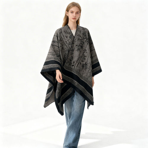 Damen Grobgewebter Jacquard-Capeponcho mit Bambusmotiv und asymmetrischem Zipfelsaum Drune