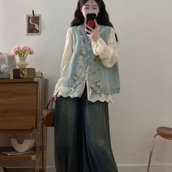 Damen Denim-Weste mit floralem Stickdesign Drune