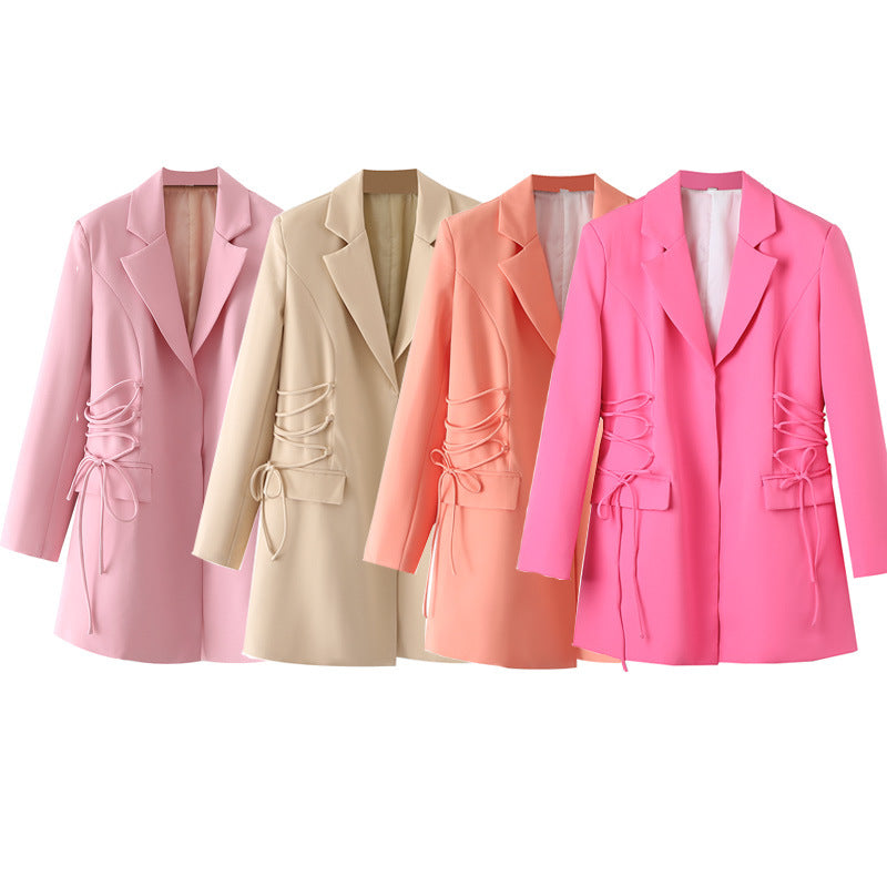 Damen nan taillierter Longblazer mit seitlicher Schnürung und Pattentaschen Drune