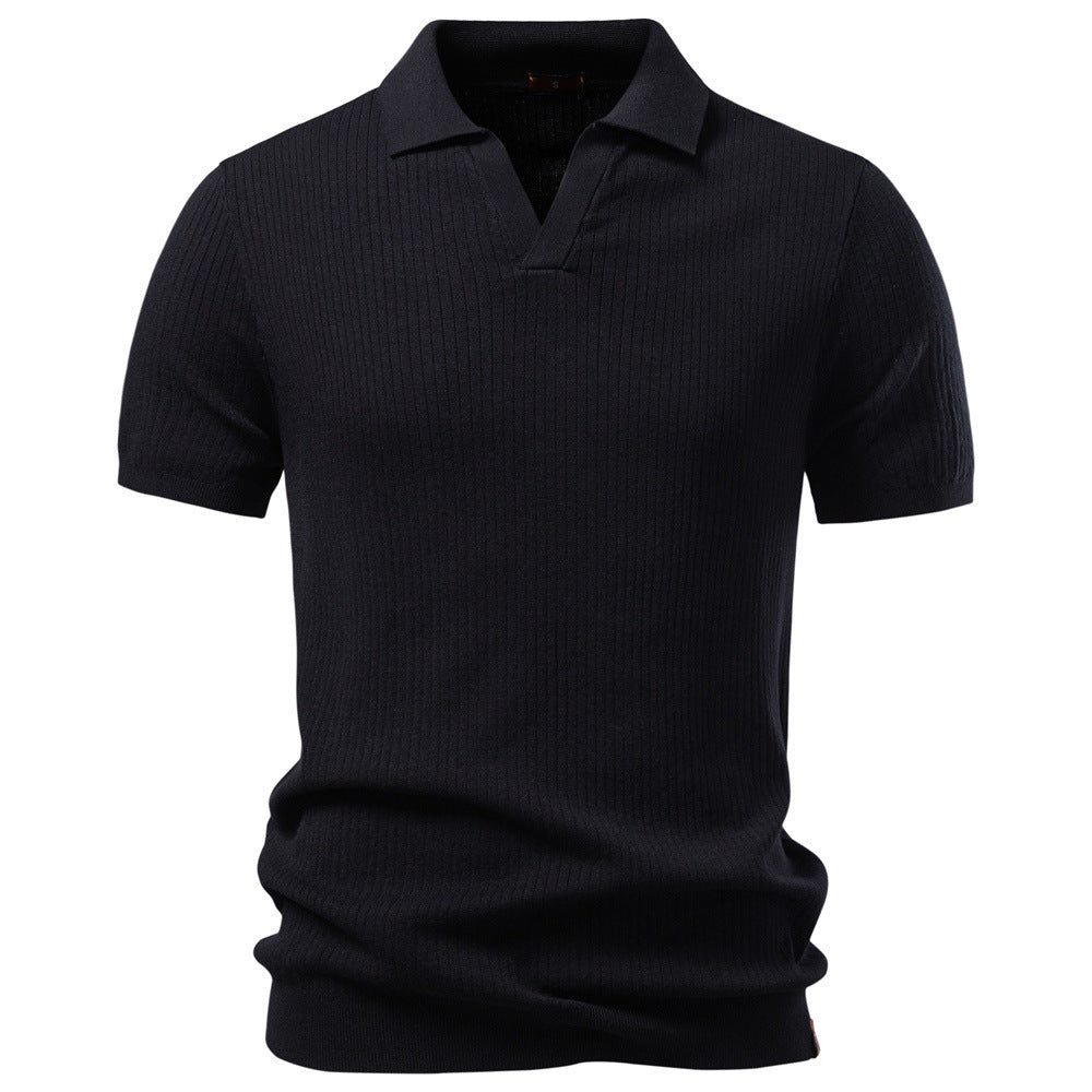 Herren nan fein geripptes Kurzarm-Poloshirt mit offenem Kentkragen Drune
