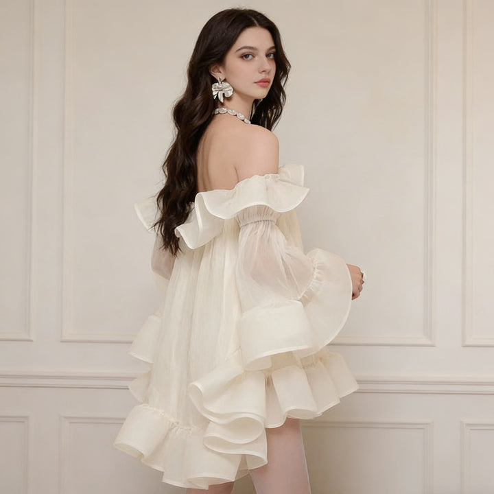 Damen Verspielt-romantisches Minikleid mit Volants und schulterfreiem Design Drune