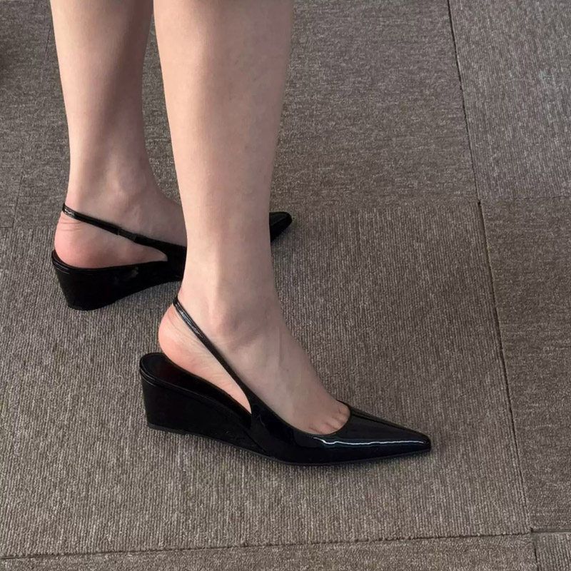 Damen Spitz zulaufende Lack-Slingback-Wedges mit niedrigem Keilabsatz Drune