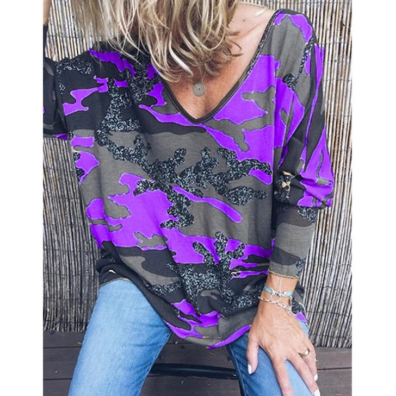 Damen Oversize V‑Ausschnitt Longshirt mit Camouflage‑Print und Glitzerbesatz Drune