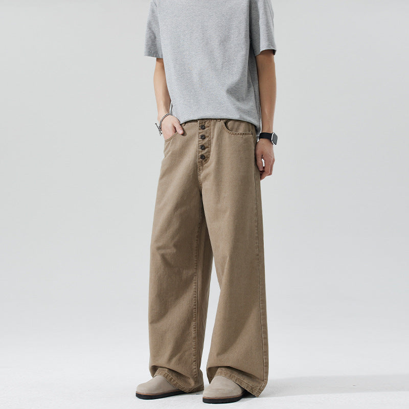 Herren Extraweite Denim-Hose mit sichtbarer Knopfleiste und bodenlangem Palazzoschnitt Drune
