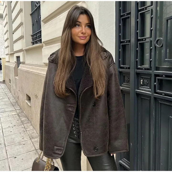 Damen Kunstlederjacke mit Teddyfutter Drune