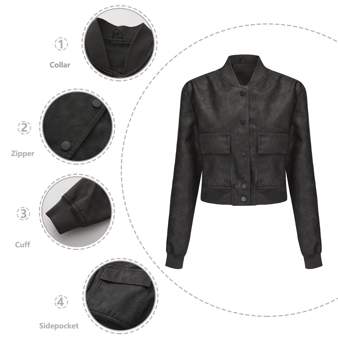 Damen Kunstleder Bomberjacke mit praktischen Taschen und elastischen Bündchen Drune