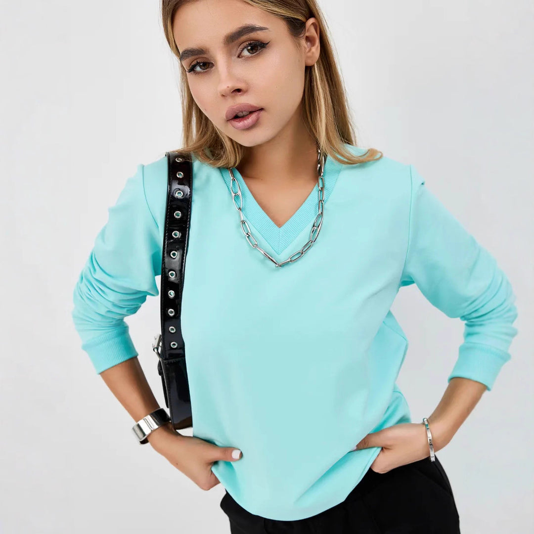 Damen lässiger V-Ausschnitt Pullover mit modernen Rippdetail Drune