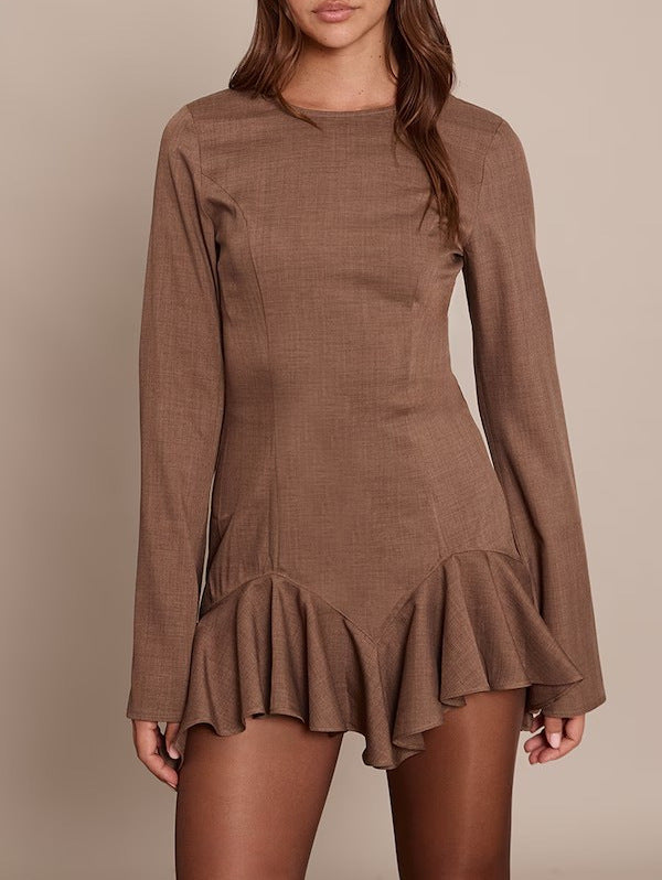 Damen Figurbetontes Langarm-Minikleid mit taillierten Nähten und Volant-Saum Drune