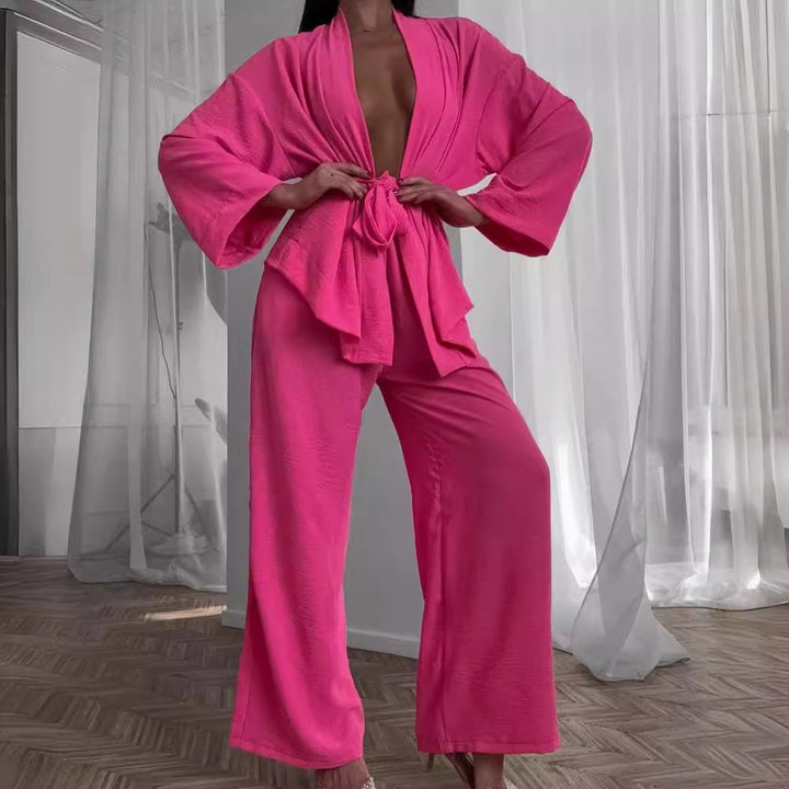 Damen lässiges Kimono-Set mit weitem Schnitt und elastischem Bund Drune