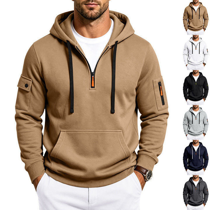 Herren Performance-Hoodie mit Halbreißverschluss, Utility-Ärmeltaschen und Kängurutasche Drune