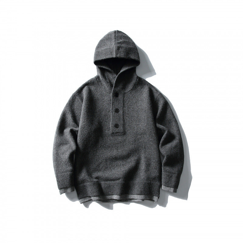 Unisex Strick‑Kapuzenpullover mit halber Knopfleiste, geripptem Saum und zweilagigem Abschluss Drune