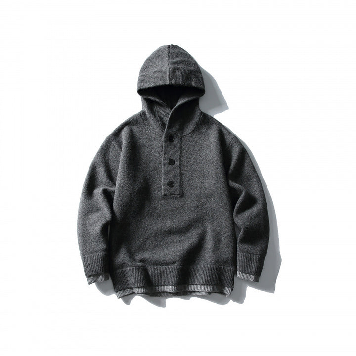 Unisex Strick‑Kapuzenpullover mit halber Knopfleiste, geripptem Saum und zweilagigem Abschluss Drune