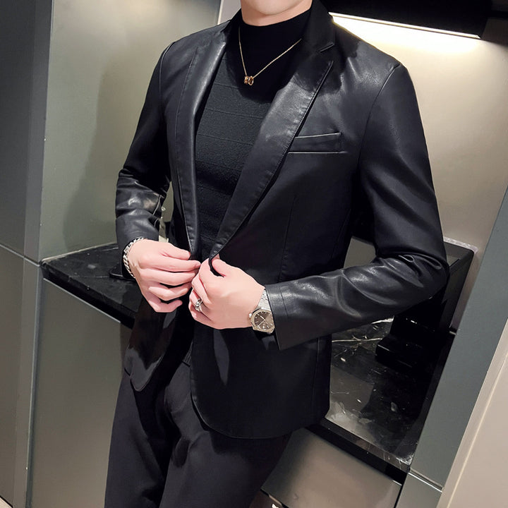 Herren eleganter Slim-Fit Lederimitat-Blazer mit Reverskragen und Pattentaschen Drune