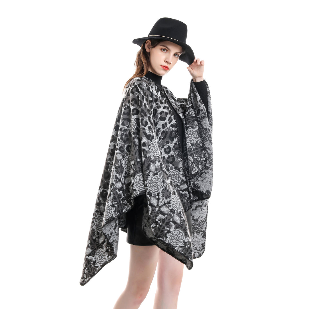 Damen Jacquard-Überwurfponcho im kastigen Kimono-Fall mit floral-animalischem Muster Drune