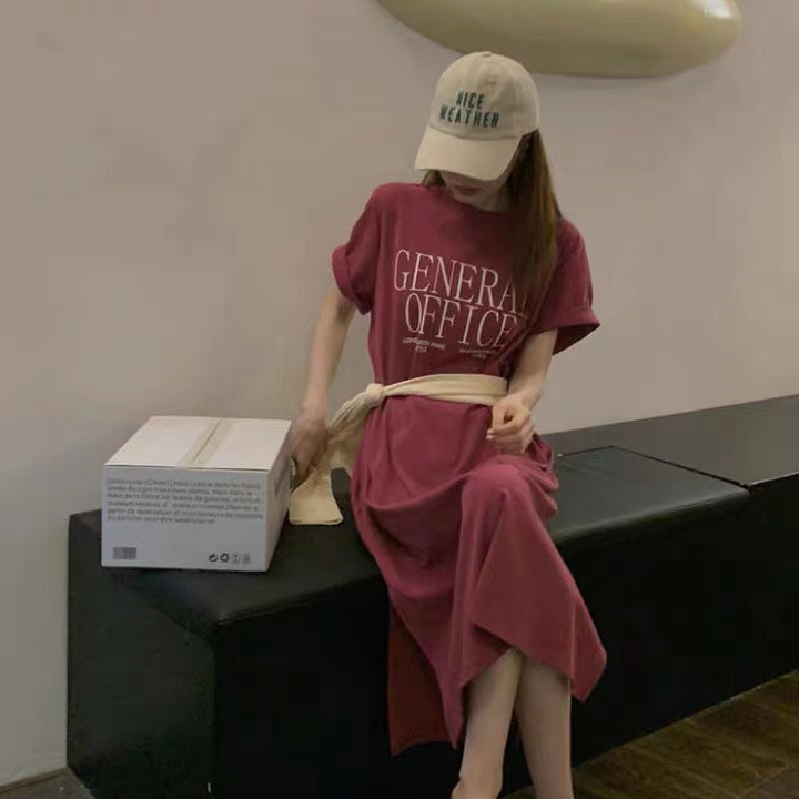 Damen Casual T-Shirt Kleid mit kreativem Schriftzug Drune