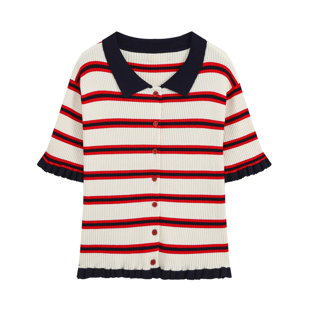 Damen Kurzärmelige gerippte Polokragen-Strickjacke mit Knopfleiste und Volantsaum Drune