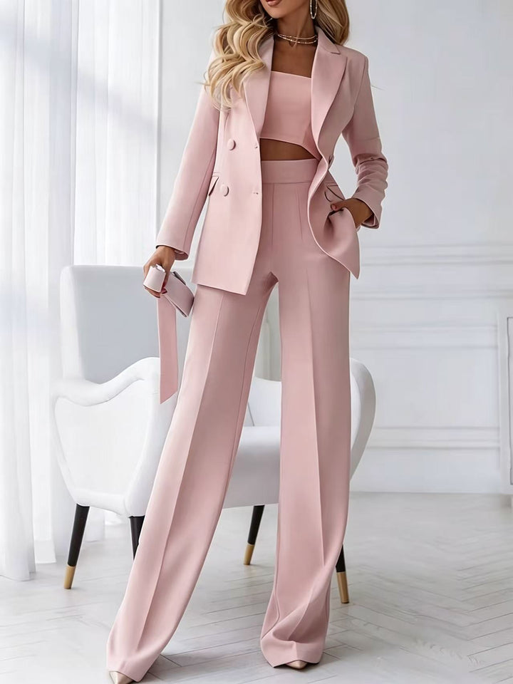 Damen Zweiteiliger Business-Hosenanzug mit tailliertem Zweireiherblazer und High-Waist Palazzo-Hose Drune