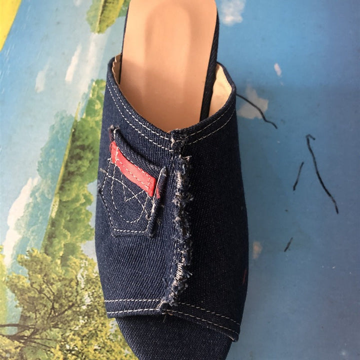 Damen Wedge-Pantoletten aus Denim mit modischem Fransen-Design Drune