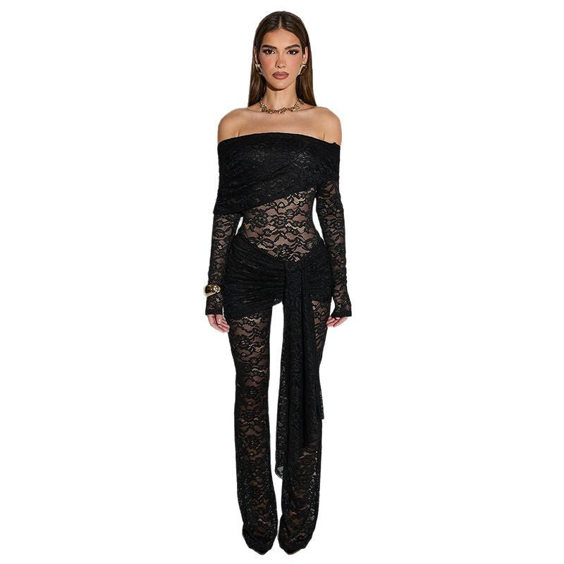 Damen Elegantes Spitzen-Jumpsuit mit schulterfreiem Design und Wickeleffekt Drune