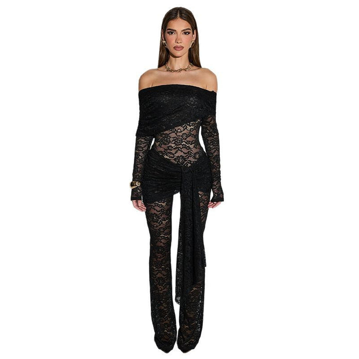 Damen Elegantes Spitzen-Jumpsuit mit schulterfreiem Design und Wickeleffekt Drune