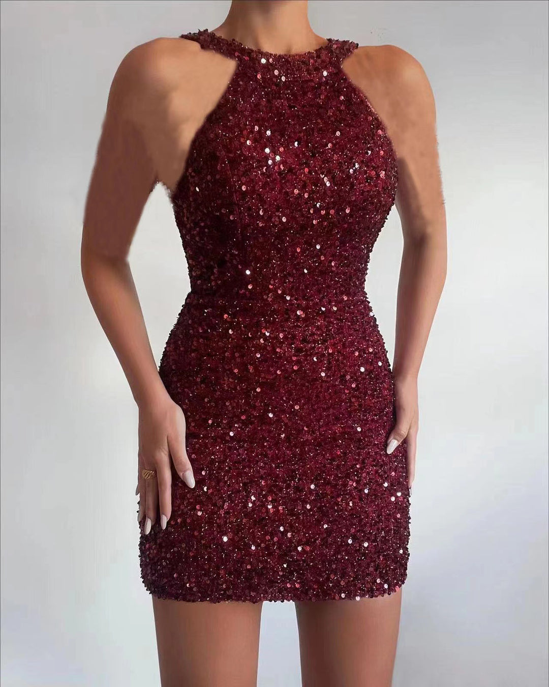 Damen Glitzerndes Minikleid mit halber Halsausschnitt und figurbetontem Schnitt Drune