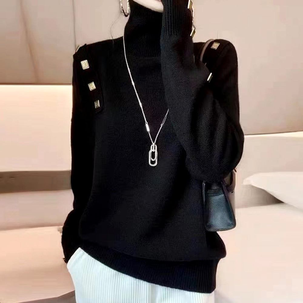 Damen modischer Rollkragenpullover mit dekorativen Knopfdetails Drune