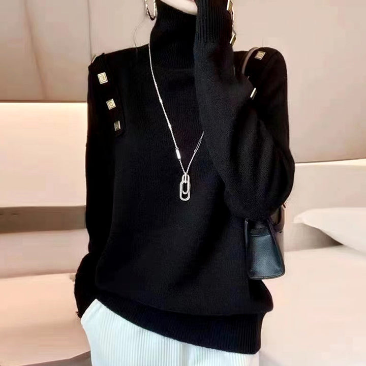 Damen modischer Rollkragenpullover mit dekorativen Knopfdetails Drune