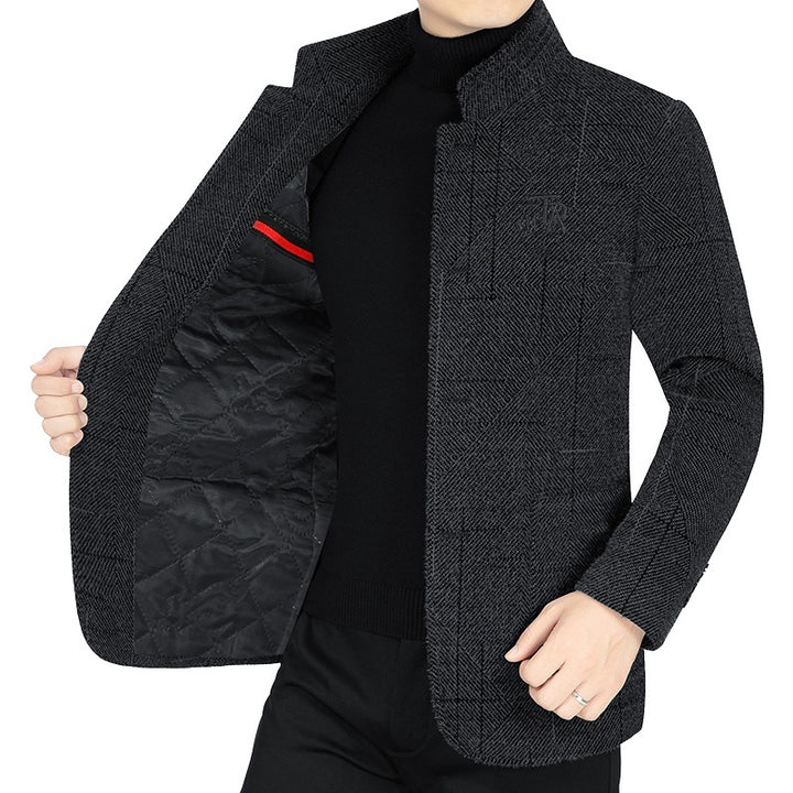 Herren Sakko-Jacke im Blazer-Look mit Stehkragen und Fischgrätstruktur Drune