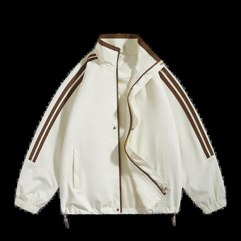 Unisex  oversized retro athletic shell jacket with stand collar and dual sleeve stripes Drune